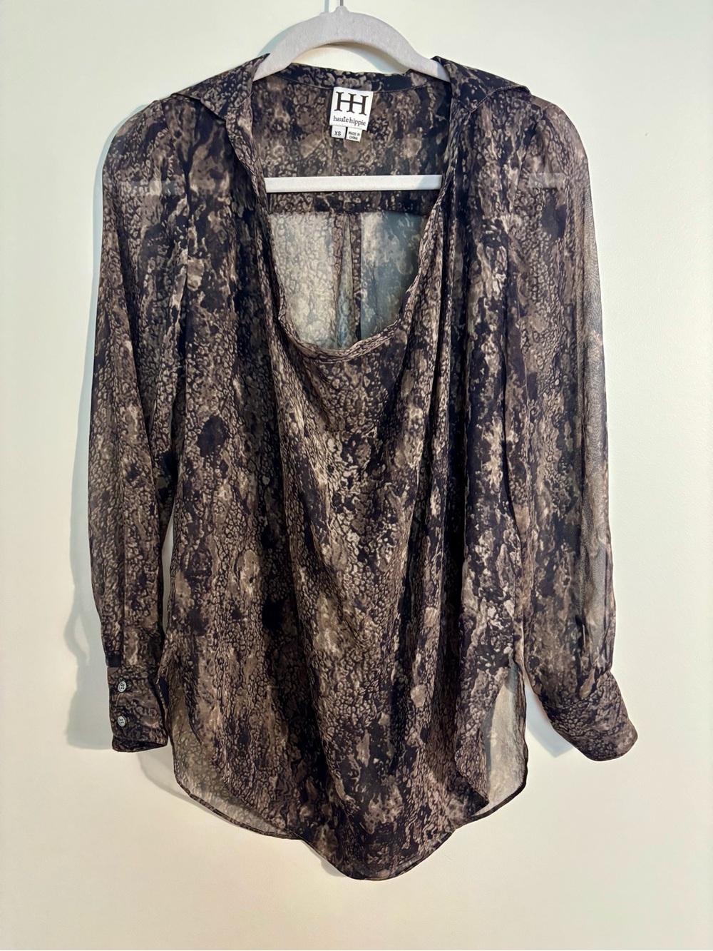 Haute Hippie Sheer Snakeskin Print Cowl Neck Collared Blouse Top Vintage Y2K